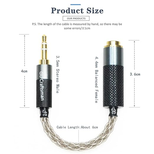 GUCraftsman 3.5mm Stereo Male to 4.4mm Balanced Female Portable Headphone Adapter Cable 6N Single Crystal Silver Headphone Jack Convert Cable for Audio Players with 3.5mm Ports