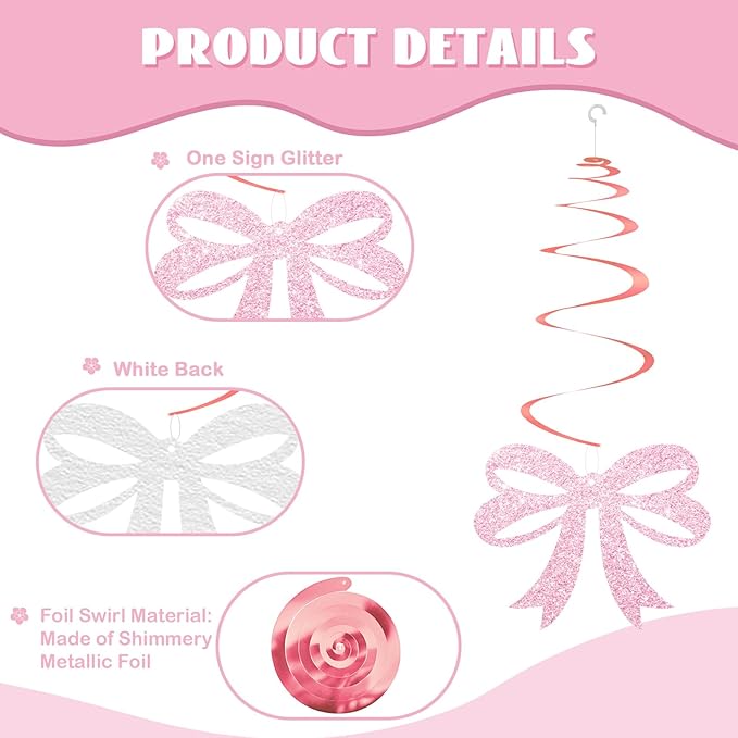 30pcs Pink Bow Pumpkin Hanging Swirls, Little Pumpkin Hanging Decoration for Girl, Thanksgiving Baby Shower Foil Ceilling Decor, Autumn Fall Gender Reveal Party Favors - Orange Glitter