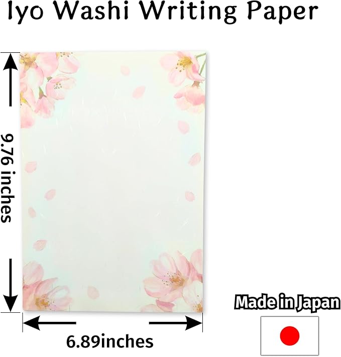 Japanese Cherry Blossom Stationery Paper and Envelopes Set, Made in Japan,15 Sheets, 8 Envelopes (Light Pink), Elegant Washi Paper for Writing Crafts,Gift