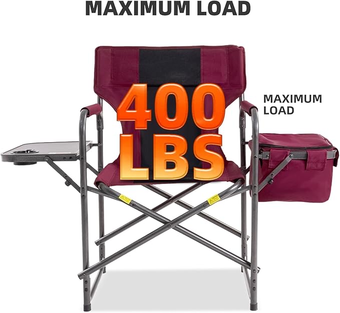 Director Camping Chair with Cooler Bag & Foldable Side Tray - 400lbs Heavy Duty Outdoor Folding Lawn Chair, Portable Camp Chair for Backyard, Fishing, Beach (Wine Red)