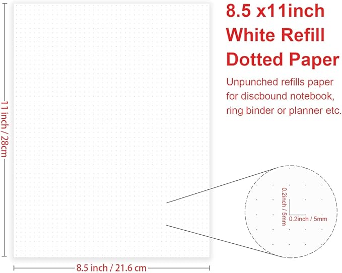 Getvow A4 Unpunched Refill Paper, Loose Leaf Filler Paper for Ring BinderDisc Notebook Planner Inserts, 100gsm Dot Grid White Paper, 100Sheets200Pages, 8.5 x 11
