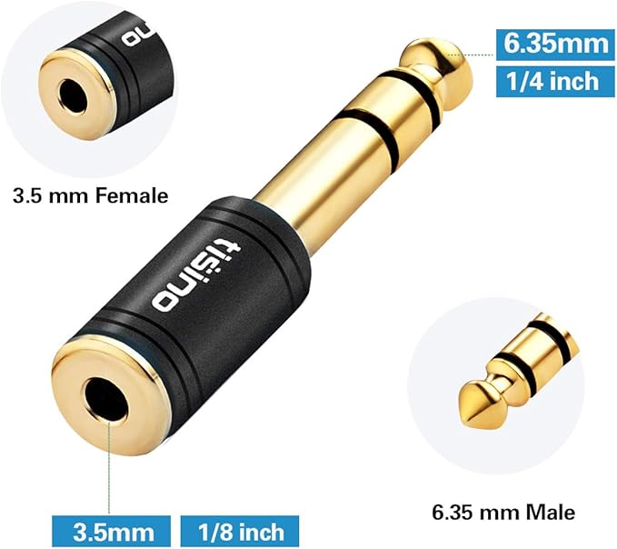 Tisino 3.5mm to 1/4 Stereo Adapter, 1/8 inch Female to 1/4 inch Male Aux Jack Converter Headphone Adapter - Black, 1PCS