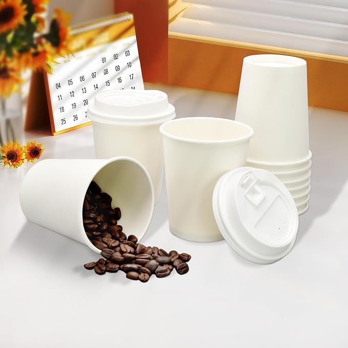 100 Pack 12oz Disposable Coffee Cups With Lids straws sleeves, Disposable cups, Paper Cup, Tea Cups for Hot To Go Coffee k cups with lids, Cupping set,Beverages, shop Home Office Party Travel