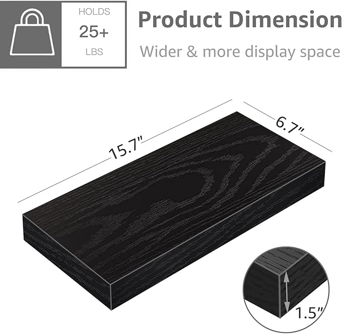 QEEIG Floating Shelf for Wall Bathroom Shelves Bedroom Kitchen Living Room Farmhouse Small Book Shelf 16 inch Set of 1, Black (015-B1)
