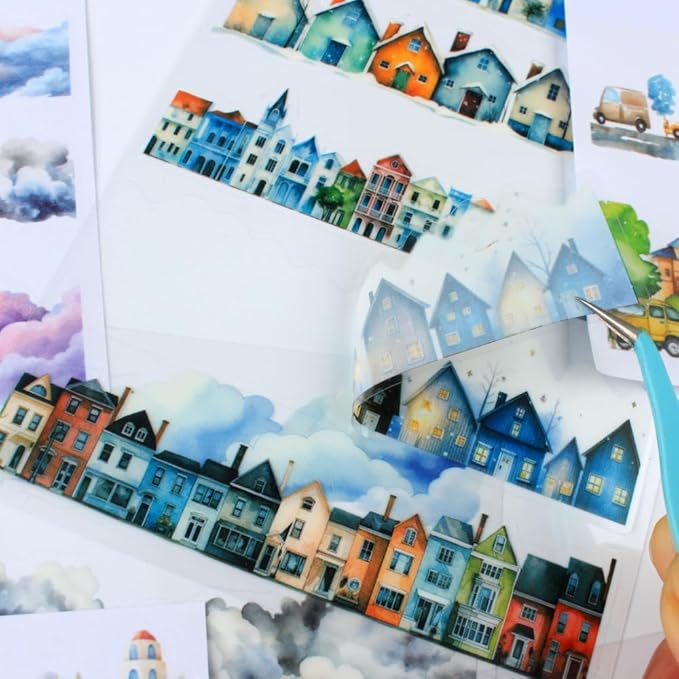20 Sheets City Landscape Pre-Cut Journal Stickers Book for Journaling, Scrapbooking, Dual Transparent PET and Washi Stickers for Adults Junk Journals, Bujo, Collage, Planner, Album