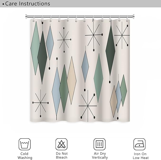 Mid Century Shower Curtain Modern Abstract Diamond Geometric Atomic Starburst Pattern for 1950s Retro Bathroom Decor Accessories Shower Curtain Set with 12 Hooks, 72x84 Inches
