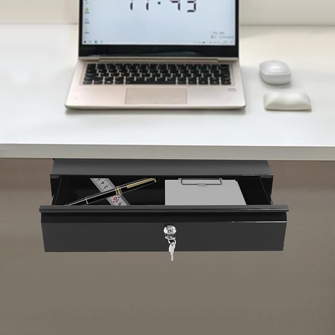 17.7" Under Desk Storage Drawer, Locking Design Black Sliding Pull-Out Drawer for Sit Stand Workstation