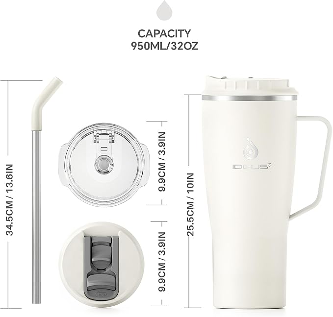 Ideus 32 oz Tumbler with Handle and Straw, Vacuum Insulated Stainless Steel Travel Mug, 100% Leakproof, Cup Holder Friendly, White