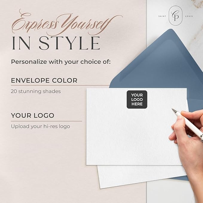 Curio Press Personalized Stationery for Women & Men - A2 Business Flat Thank You Cards with Custom Notecards, Personalized Note Cards with Envelopes and Name, Custom Stationery - Your Logo Flat