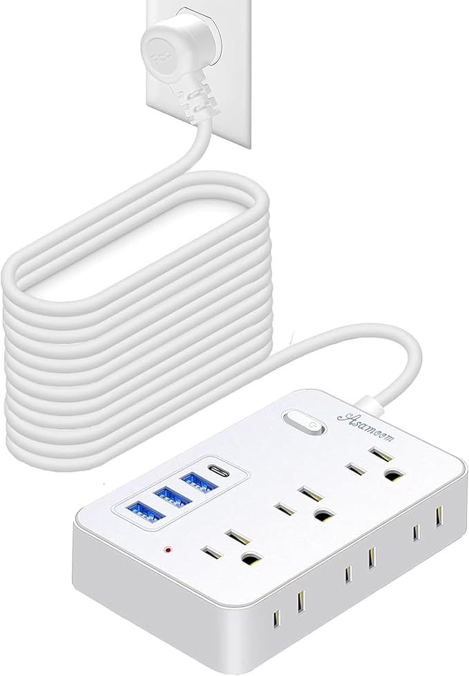 25 FT Extension Cord with Multiple Outlets, Asamoom 25 ft Surge Protector Power Strip with 6 Outlets with 4 USB Ports(1 USB C), Flat Plug with Long Cord 1700J Protection for Home Office White