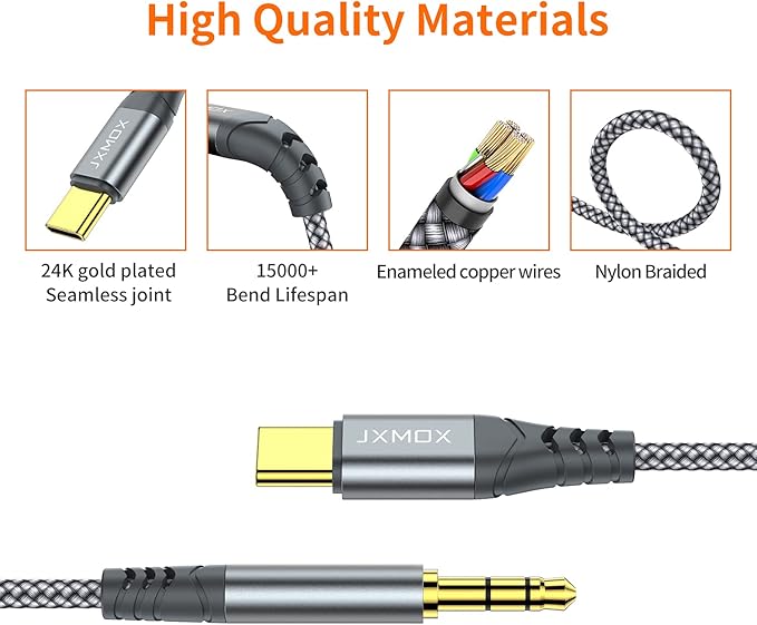 JXMOX USB C to 3.5mm Audio Aux Jack Cable (4ft), Type C to 3.5mm Headphone Car Stereo Cord Compatible with iPhone 17 16 15 Pro Max Air, Samsung Galaxy S25 S24 S23 S22 S21 Note 20, Pixel 9 8, iPad Pro
