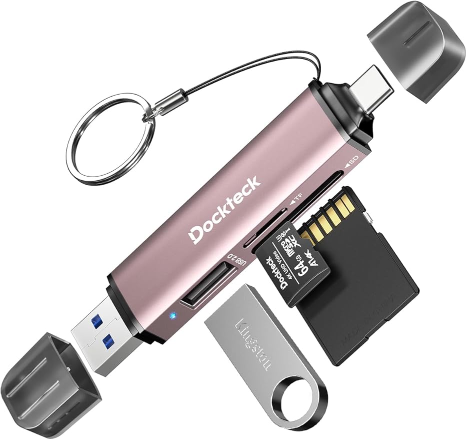 Dockteck SD Card Reader, 5G Super Speed USB3.0 SD/TF Card Reader, 3-Slot USB A/C to SD/Micro SD/USB A Memory Card Reader for UHS-I SD/Micro SD/SDHC/SDXC/MMC, Support OTG for Plug&Play,Pink