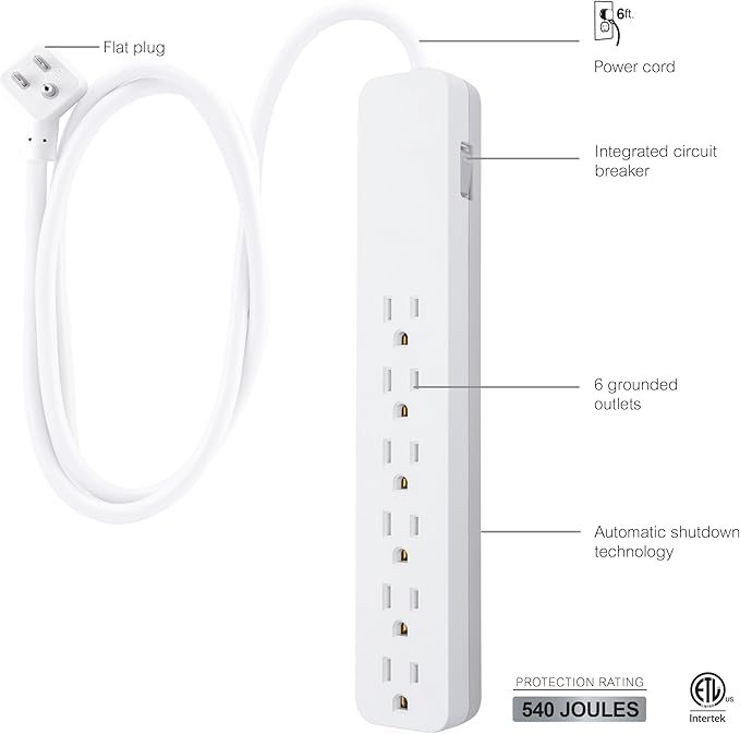 GE 6-Outlet Surge Protector, 6 Ft Extension Cord, 540 Joules, Power Strip, Flat Plug, Integrated Circuit Breaker, Wall Mount, ETL Listed, White, 83048