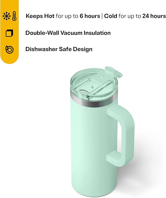 RTIC 20oz Road Trip Travel Mug with Lid and Handle, Ceramic Lined, Insulated, Stainless Steel, Metal, Double Wall Vacuum-Insulation, Portable Coffee, Tea Cup for Hot and Cold Drink, Fresh Mint