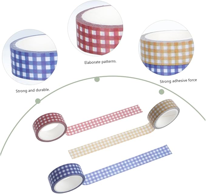 VILLCASE 12 Rolls Vintage Grid Pattern Washi Tape Retro Decorative Paper Tapes for DIY Journals Scrapbooking Planners Crafts Red Blue Yellow for Creative Stationery and Wrapping