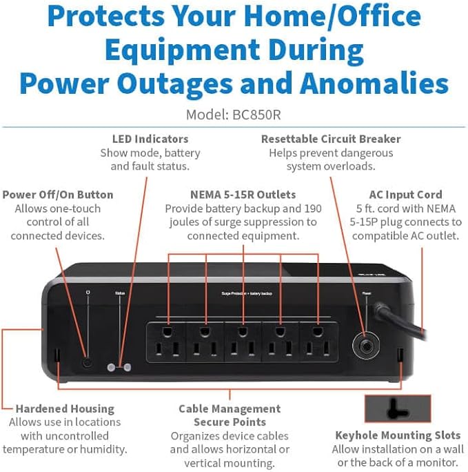 Tripp Lite 850VA UPS Desktop Battery Backup and Surge Protector, 450W, 5 Outlets, Home & Office UPS, Small Form Factor, Wall Mounting Option, 5ft Cord, 3-Year Warranty (BC850R)