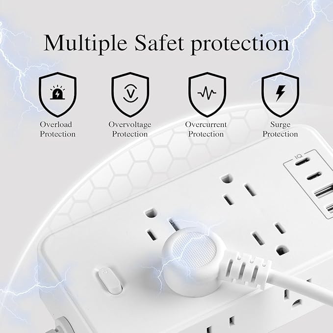 10FT Power Strip Extension Cord Surge Protector with 8 Outlets and 2 USB & 2 USB-C Port(5V 3.1A),Bold Extension Cord with Fuse Surge Protected Power Strip for Home Office (White)