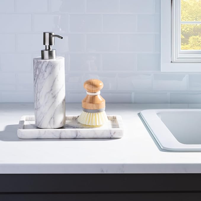 Cork & Mill Marble Soap Dispenser for Bathroom Countertop or Kitchen Sink, Real Natural White Stone with Stainless Steel Pump Top, Ideal for Lotion, Liquid Dish or Hand Soap, Modern Bath Accessories
