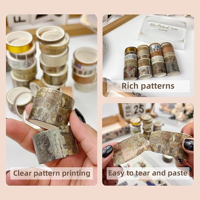 QUDUME 24 Rolls Vintage Writable Washi Tape Set, Retro Floral Butterfly Decorative Tape for Scrapbooking Junk Journal Bullet Journaling Supplies DIY Crafts