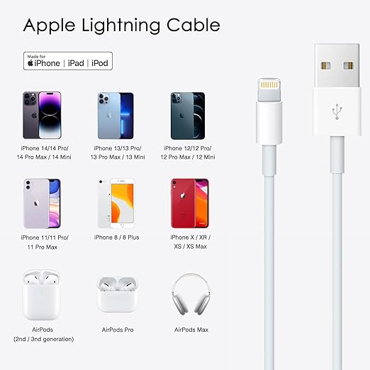 Car Carplay Apple Cable, USB A to Lightning Cable for iPhone 14, 14 Plus, 14 Pro Max, 13, SE 2nd/12/11/Xs/XR/8/7, iPad 4/5/ 6/7/8, Mini 2/3/4/5, Air 2/3 Charger Cord, Car Charging Cable (White)