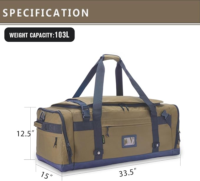 Large Duffle Bag for Travel - Men & Women, Foldable Gym Duffle Backpack, Heavy Duty Tactical Military Canvas Duffel Bags, Extra Big Carry On with Shoe Pockets, Waterproof (80L/103L)