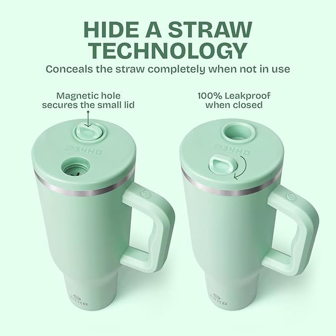 34HD 40 oz Stainless Steel Tumbler - Leakproof Insulated Water Bottle with Handle, Magnetic Lid and Flexible Straw - Iced for 48 Hours – Perfect for Men, Women, Birthday Gift, Green - Matcha Whisper