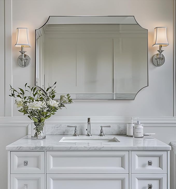 ANDY STAR 30x40 Inch Chrome Mirror, Scalloped Bathroom Mirror, Polished Chrome Framed Mirror in Anti-Rust Stainless Steel Metal Thin Frame Deep 1’’, Large Wall-Mounted Mirror (Horizontal/Vertical)