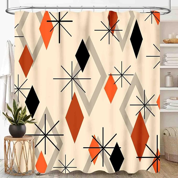 Geometric Modern Shower Curtain for Bathroom, Orange Mid Century Atomic Abstract Pattern 1950s 1960s Retro Vintage Style Waterproof Fabric Shower Curtain Set with Hooks, 72"x78" Inch