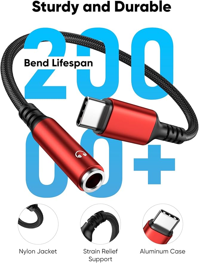 Highwings USB Type C to 3.5mm Female Headphone Jack Adapter, (3-Pack) USB C to Aux Audio Dongle Adapter Compatible for iPhone 15 Pro Max/15 Pro/15 Plus, Samsung Galaxy S23/S22/S21 Ultra,iPad Pro-Red