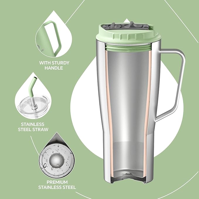 Ideus 32 oz Tumbler with Handle and Straw, Vacuum Insulated Stainless Steel Travel Mug, 100% Leakproof, Cup Holder Friendly, Avocado Green
