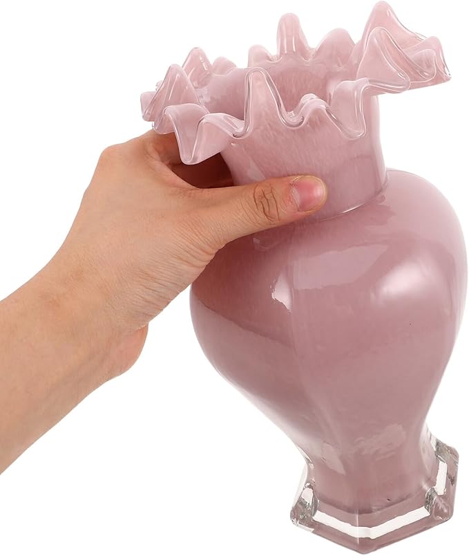 Pearlescent Handblown Glass Vase Wide Mouth Wavy Pattern Artistic Flower Pot Tabletop Glass Bud Vase for Home Dining Living Office Entryway Kitchen Pink Centerpiece Decor