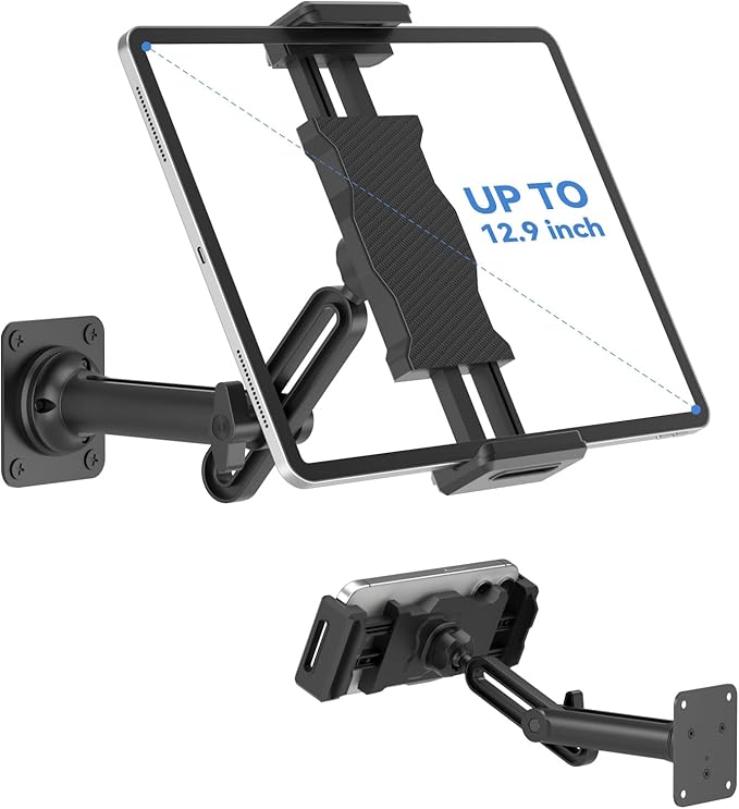 KDD Tablet Wall Mount Holder, Adjustable Extendable Arm iPad Wall Stand with Sturdy Metal Base, 360°Rotating Phone Tablet Bracket Fits iPad Pro Air Mini, Galaxy Tab, All 4.7-13" Phones and Tablets