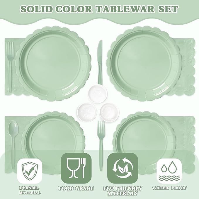 Vyntra 350 PCS Disposable Plates for Boho Party, Paper Plates & Napkins Set with Cups, Knives, Forks, Spoons, 7'' Dessert and 9'' Dinner Plates for Wedding, Baby Shower, Birthday - Sage Green