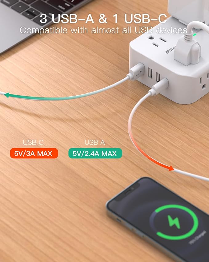 15FT Power Strip Surge Protector - 8 Outlets and 4 USB Ports, Heavy-Duty Braided Extension Cord, Flat Plug, 15A Circuit Breaker, Charging Station Overload Protection