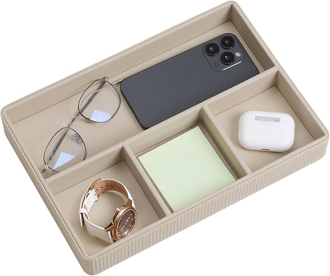 NICLNGSH PU Leather Valet Tray, Decorative Trinket Vanity Desk Drawer Organizer Tray, Perfume Dish Catch All Bowl for Keys, Nightstand Drawer Organizer Women Men with 4 Compartments (Beige)