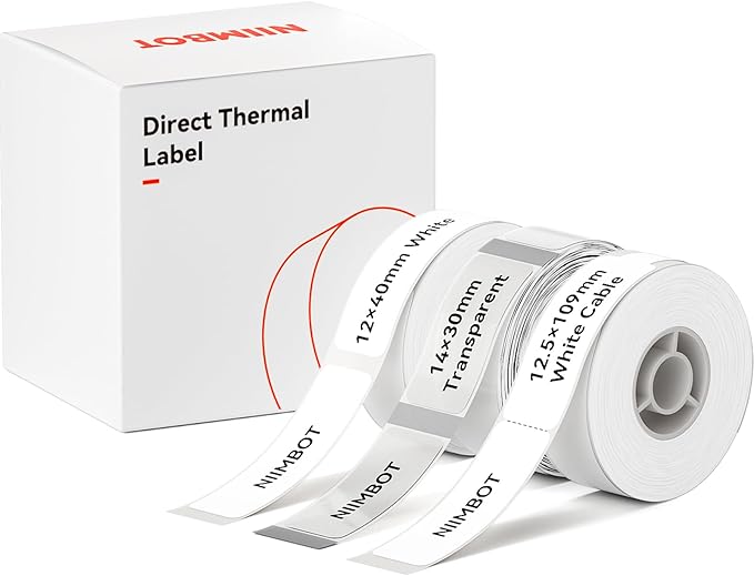 NIIMBOT Label Maker Tape for D110/D11/D101 Label Printer, Multi-Size 3Rolls Pack | 0.47'' x 1.57'' White, 0.55'' x 1.18'' Transparent, 0.49'' x 4.29'' White Cable, for Home Office School Labeling