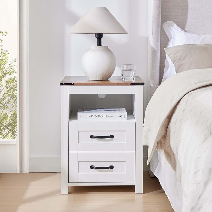 Farmhouse Night Stand, Rustic White Nightstand for Bedroom, End Tables Without Charging Station, Bedside Table with Drawers, Wood Bedside Cabinet Dresser