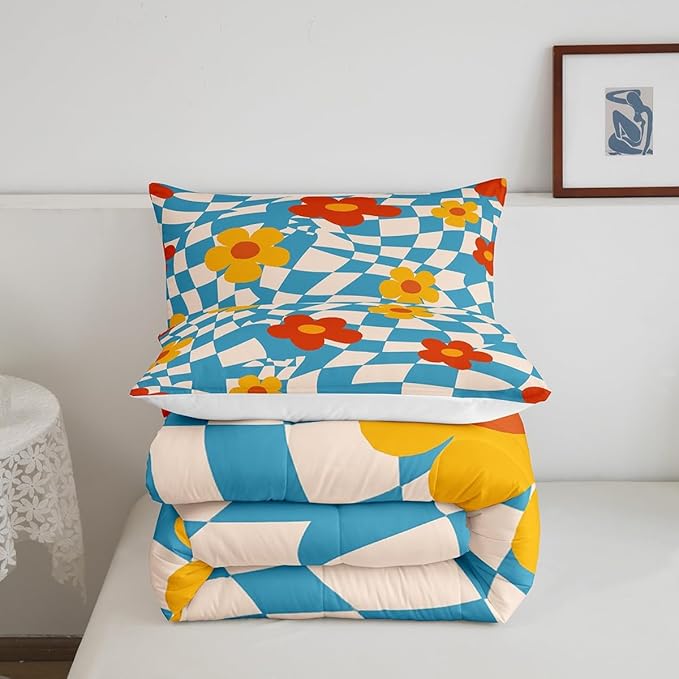 Castle Fairy Kids Vintage Groovy Daisy Flowers Comforter Set Twin Size,Abstract Blue Plaid Bedding Comforters Bedroom Decor,70s Hippie Floral Microfiber Duvet Set for Kids Teens,2 Pcs