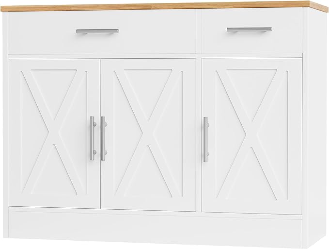Shintenchi Modern Farmhouse Sideboard Buffet Cabinet with Storage with 3 Doors,42" Barn Doors Buffet Cabinet with Storage, Wood Coffee Bar Cabinets with Adjustable Shelf for Kitchen Living Room,White