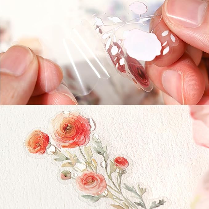 120 Pieces Vintage Transparent PET Floral Stickers for Journaling, 4 Styles Watercolor Flower Set, Decorative Sticker for Scrapbooking, Junk Journal Supplies, Collage