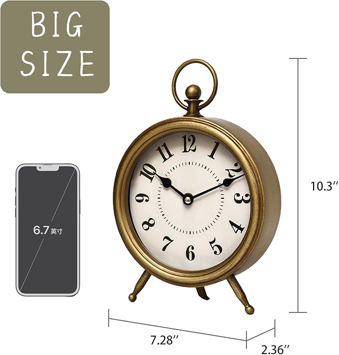 MACVAD Vintage Table Clock on Stand, Decorative Desk and Shelf Clock Farmhouse Mantel Non-Ticking Clock Rustic Metal Frame with Antique Gold Finish