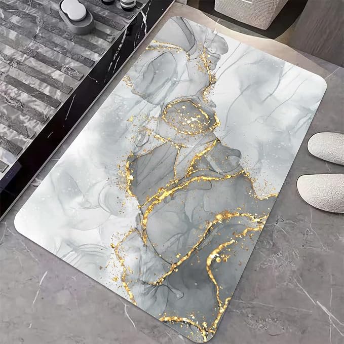 Diatomaceous Earth Bath Mat,Gold Grey Marble Non-Slip Volume Super Absorbent Fast Drying for Bathroom Kitchen Door mat,Eco-Friendly Easy to Clean 17×27.5Inch (43 * 70cm)