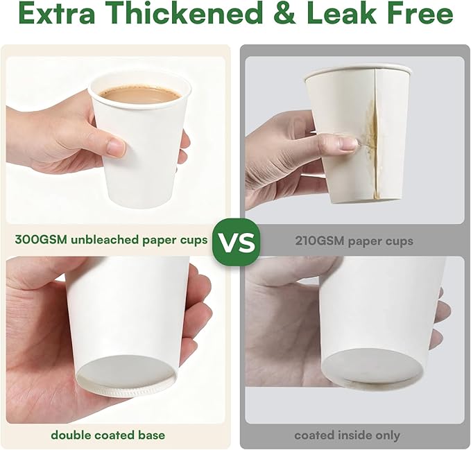 Finepak White Paper Cups 8 oz Disposable Coffee Cups, 300 Pack BPA Free Hot Cups, 300GSM Thickened White Disposable Cups, Bulk Small Drink Cups for Everyday Office Coffee Bar Supply Party Essentials