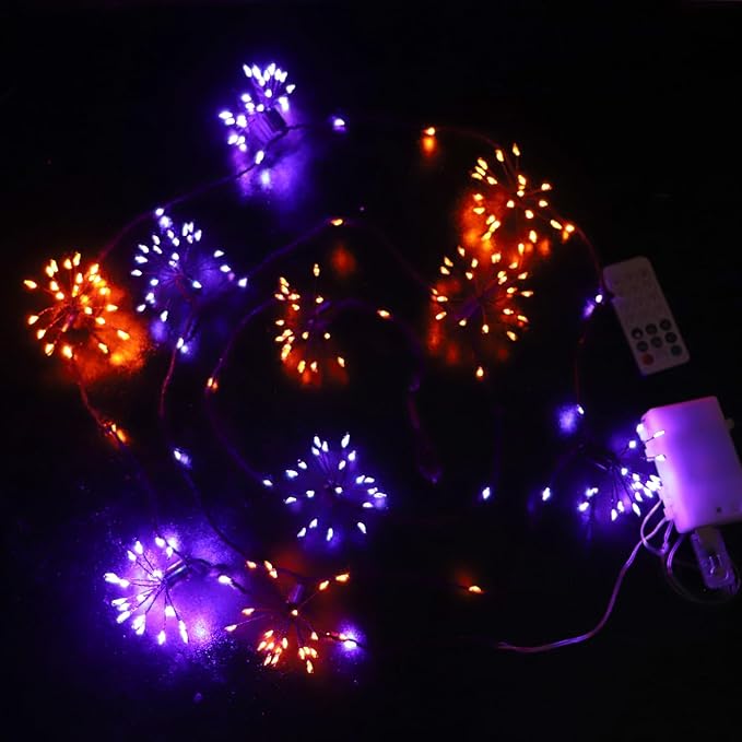 8 Clusters Firework Lights 10FT Battery Operated Orange and Purple Fairy Lights with Remote 200LED Decorative Fall Lights for Indoor Outdoor Garden Halloween Decorations
