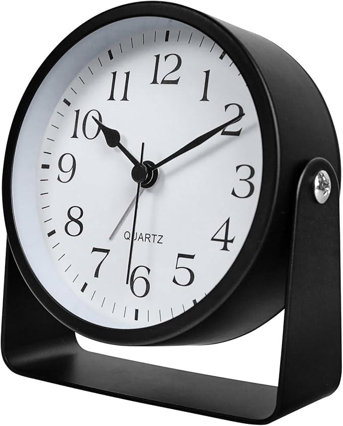 SCOAGE Small Luminous Desk Analog Alarm Clock Metal Bracket 360° Rotating Shelf Clock with Light Battery Powered Bedside Silent Cute Alarm Clock for Heavy Sleepers Elderly and Children Office Bathroom