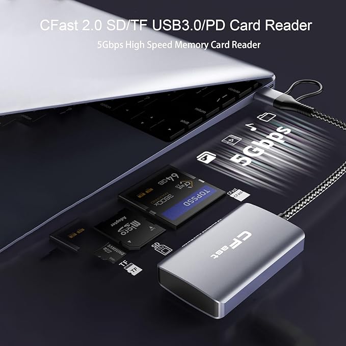 CFast Card Reader, 3 in 2 SD/TF CFast 2.0 Memory Card Reader, USB 3.2 Cable Compatible with Windows/Mac/Linux/Android (3 in 2)