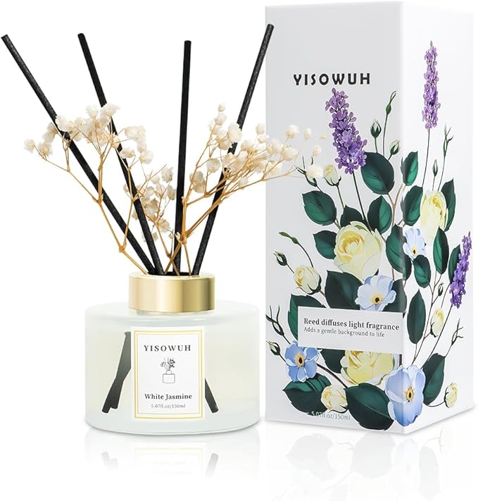 YISOWUH Reed Diffuser Set,5.07 fl oz (150 ml) - White Jasmine Oil Diffusers with 8 Reed Sticks,Home Fragrance Reed Diffuser for Bathroom Shelf Decor