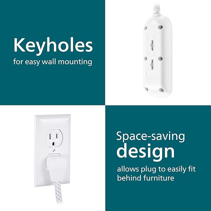 Philips 8 Ft Indoor Extension Cord with Surge Protection, 3-Outlet, Flat Plug, 300 Joules, UL Listed, White, SPP3433BB/37