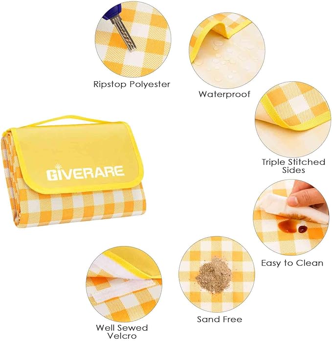 Picnic Beach Blanket Extra Large, 99x60in XL Sandproof Waterproof Outdoor Camping Blankets, Sand Free Oversized Mat, Quick Drying Portable Mats for Travel, Hiking, Music Festival, Lawn-Yellow