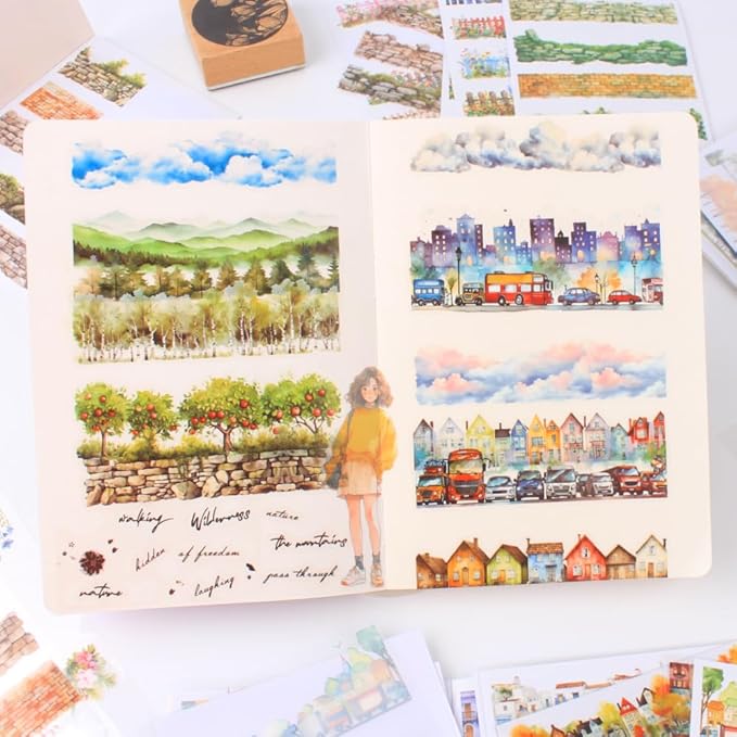 20 Sheets City Landscape Pre-Cut Journal Stickers Book for Journaling, Scrapbooking, Dual Transparent PET and Washi Stickers for Adults Junk Journals, Bujo, Collage, Planner, Album